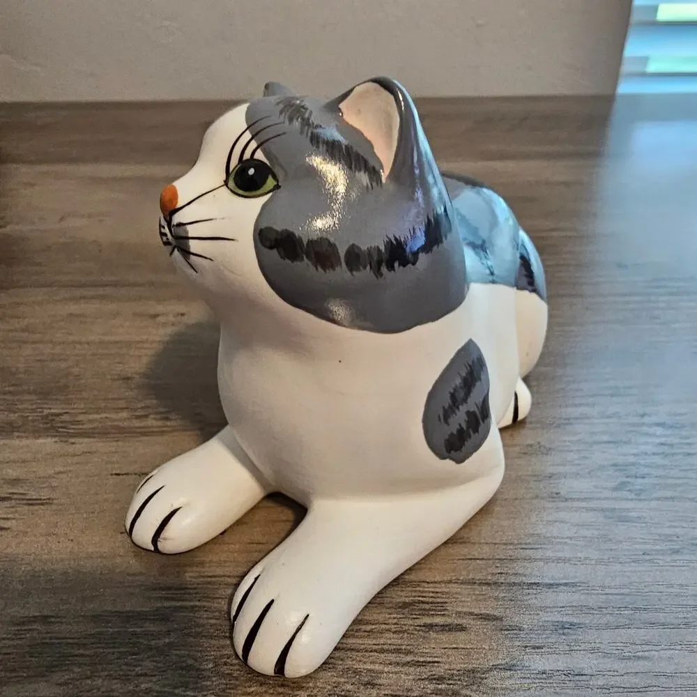 Vintage 1985 Royal Orleans Ceramic Tabby Cat Figurine Gray White Kitty Japan